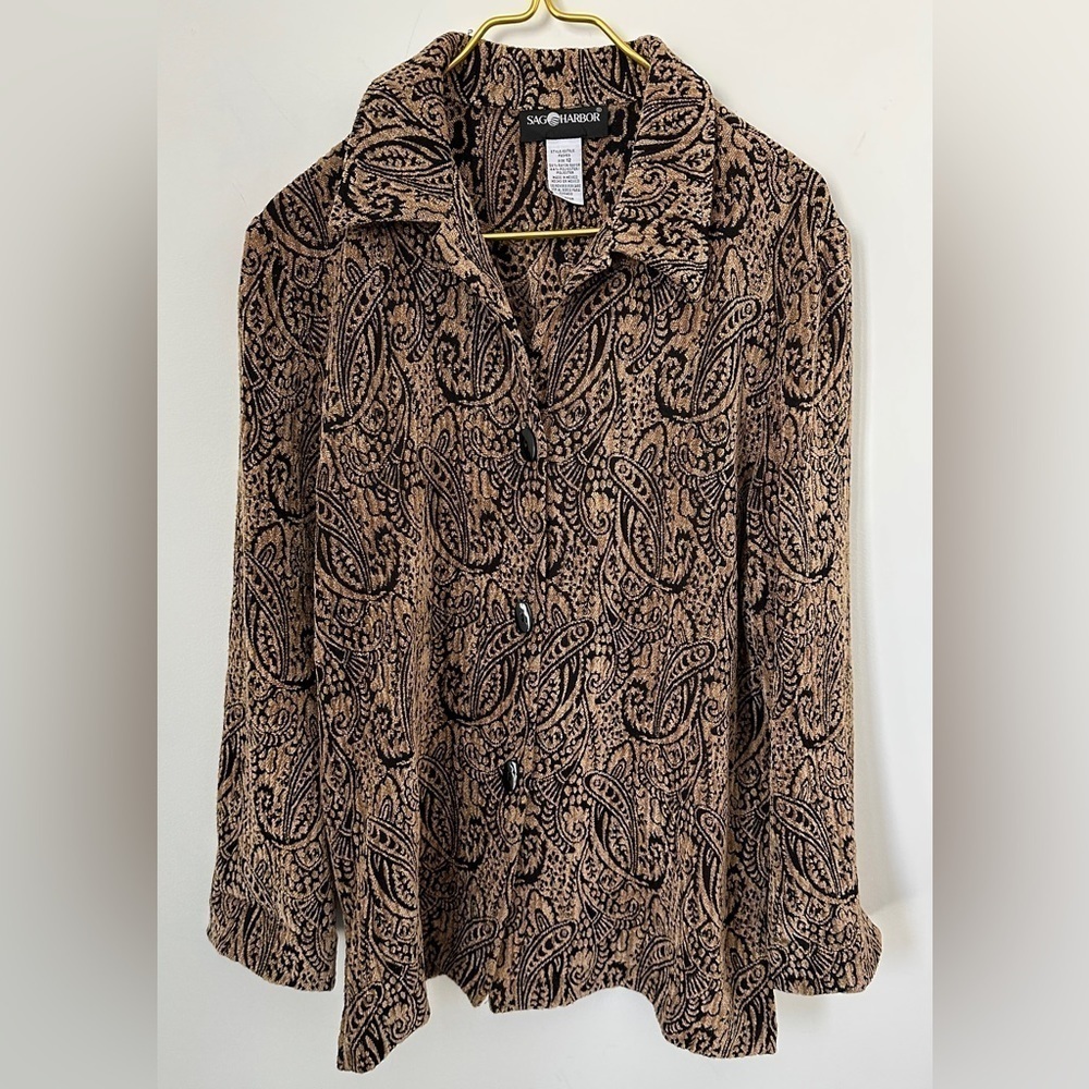 Sag Harbor Brown Black Paisley Unique Woven Textured Button Up Shirt Women’s 12